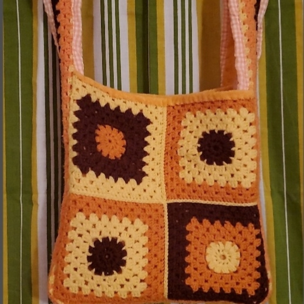 Handcrafted Crochet Patchwork Bag - Orange And Br… - image 4